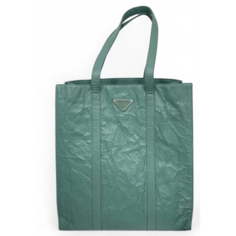 Prada 1BC459 Crinkled Leather Tote Bag Teal Green Shopper Triangle Logo
